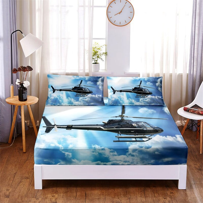 3 Pcs Planet, Airplane Digital Printed Polyester Fitted Bed Sheet Set