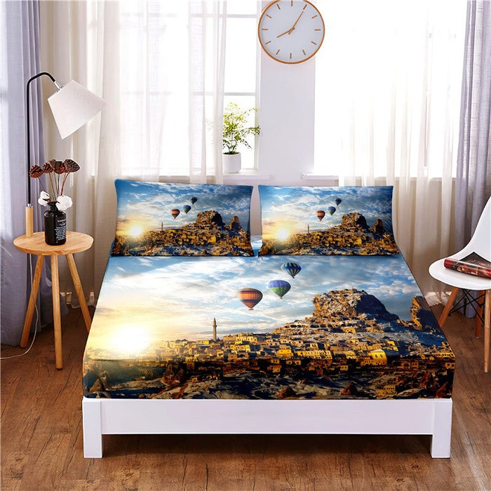 3 Pcs Beautiful Castle Digital Printed Polyester Fitted Sheet Set