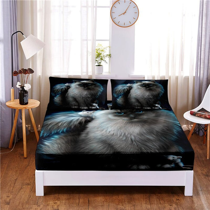 3 Pcs Cute Cat Digital Printed Polyester Fitted Bed Sheet Set