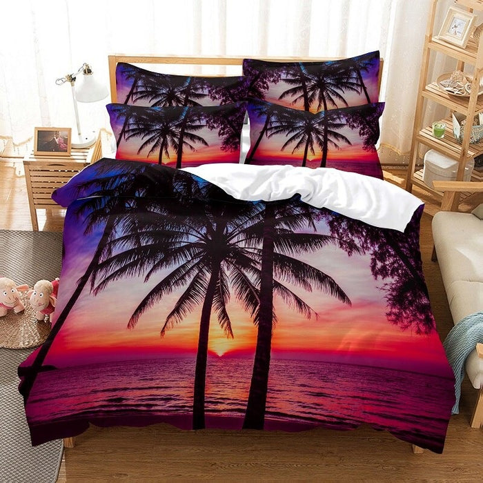 Sunset With Palm Tree Digital Print Duvet Set