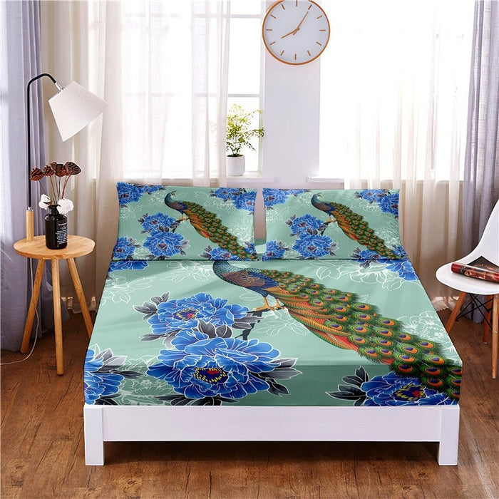 3 Pcs Peacock Digital Printed Polyester Bed Sheet Set