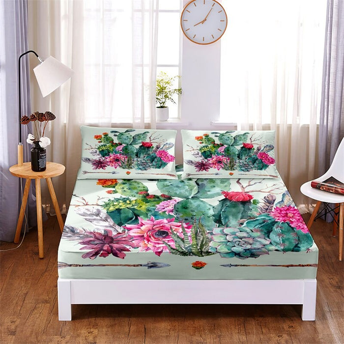 3 Pcs Flowers, Leaves Digital Printed Polyester Fitted Bed Sheet Set