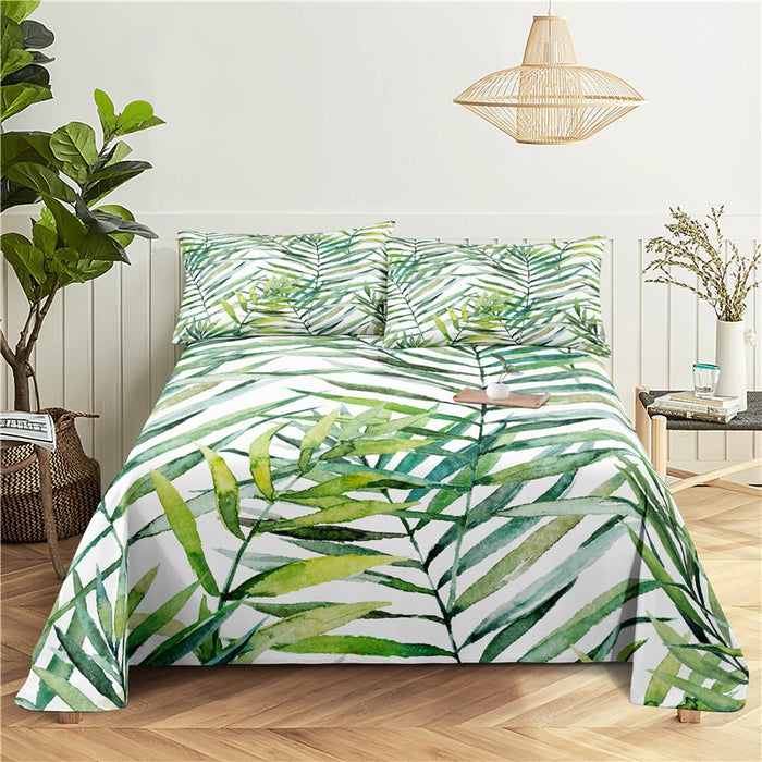 Green Leaves Print Bed Flat Bedding Set