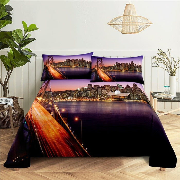 City Night Scene Printed Flat Bedding Set