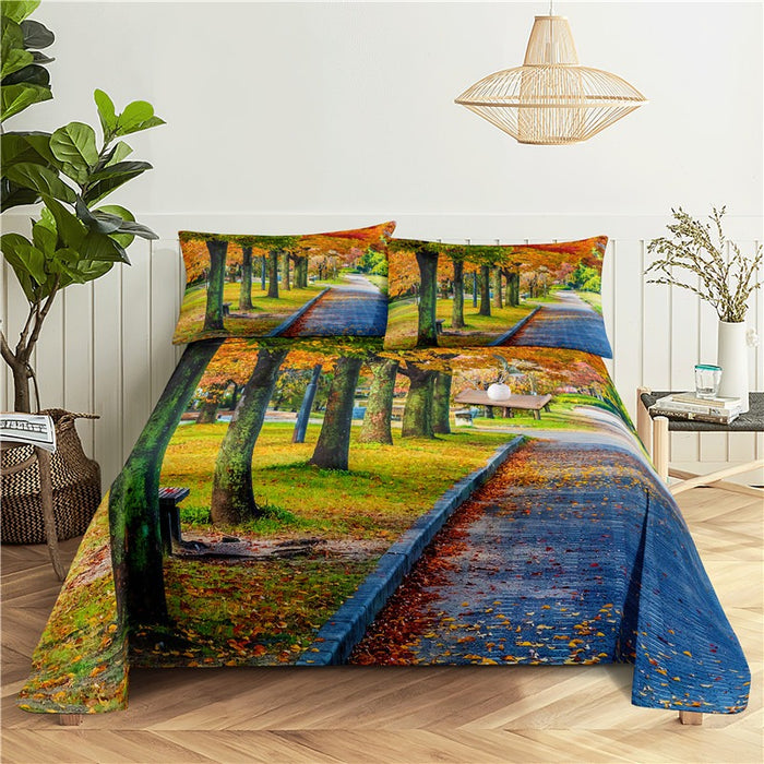 Printed Flowery Scenery View Bedding Set