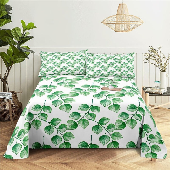 Green Leaf Print Flat Bedding Set
