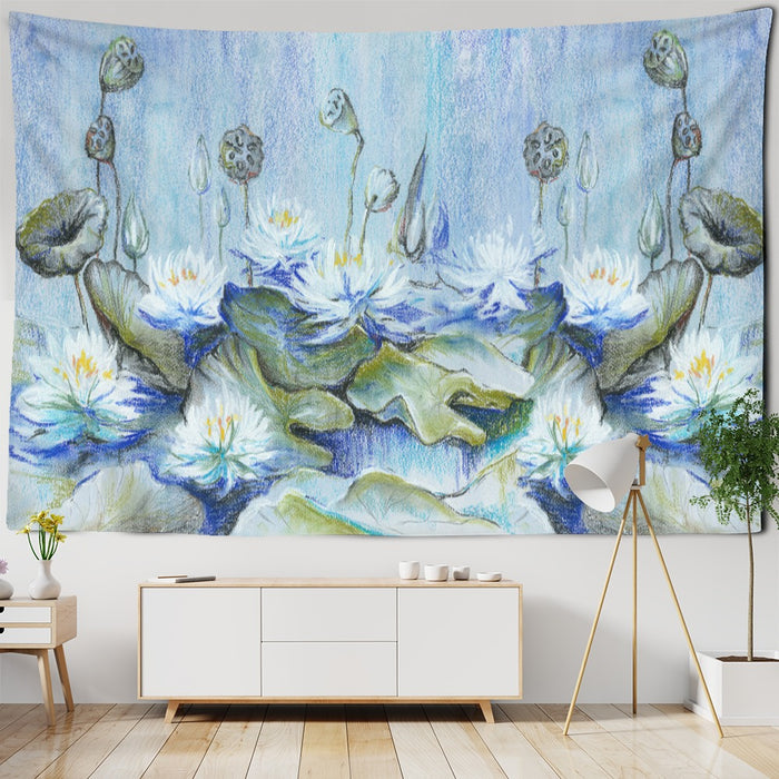 Blue Oil Painting Lotus Tapestry Wall Hanging Tapis Cloth