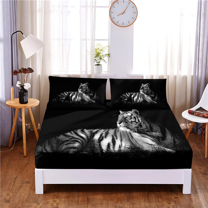 Monochrome Tiger Printed Fitted 3 Piece Sheet Bedding Set