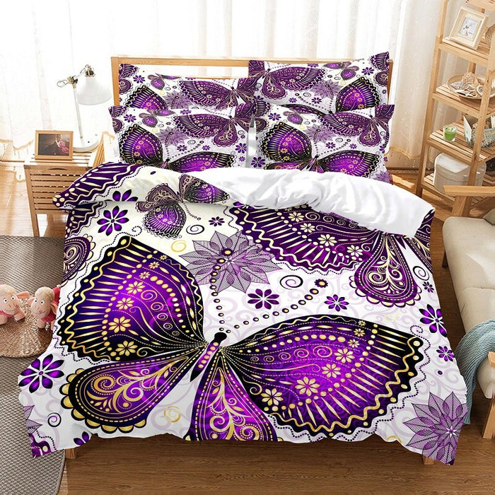 Purple Butterfly Printed Duvet Cover Bedding Set