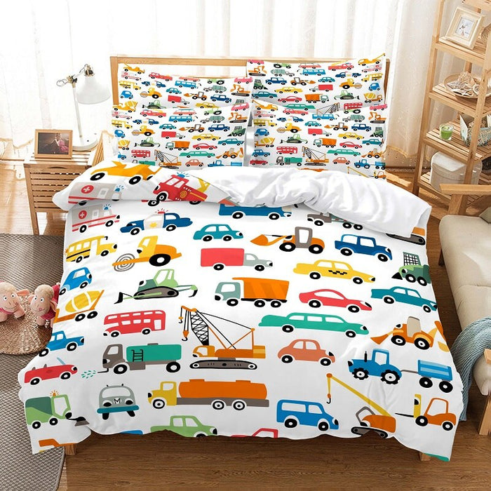 Cartooned Vehicles Printed Bedding Set