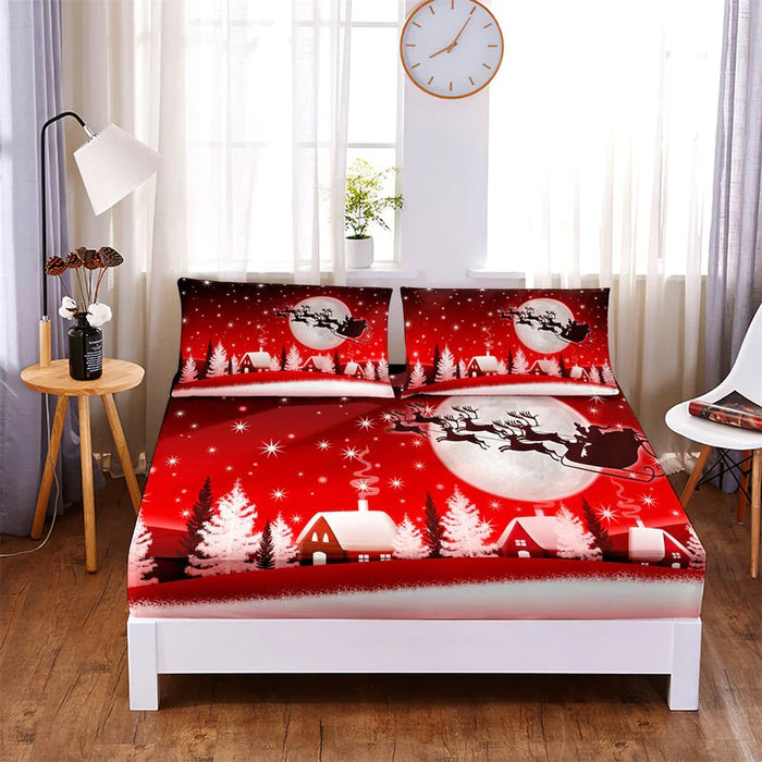 Printed Christmas Designs Fitted 3 Pc Sheet Bedding Set