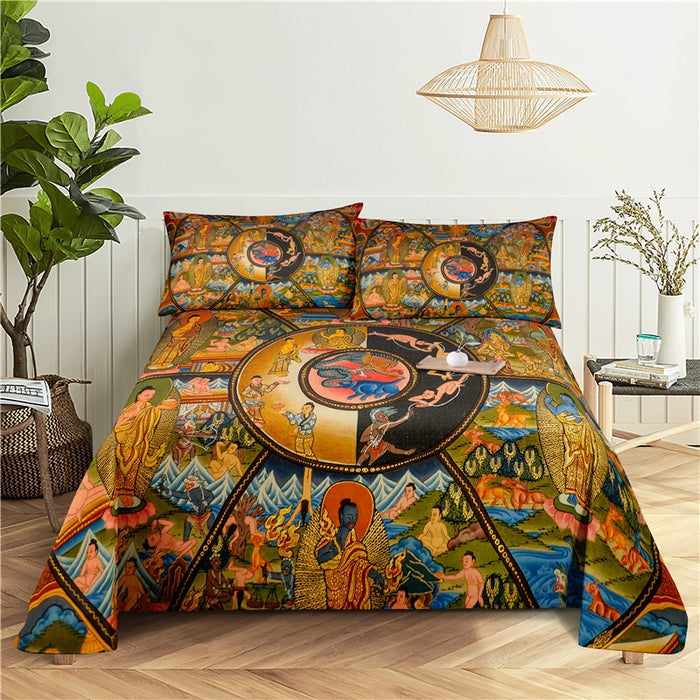 Buddha Statue Print Flat Bed Bedding Set