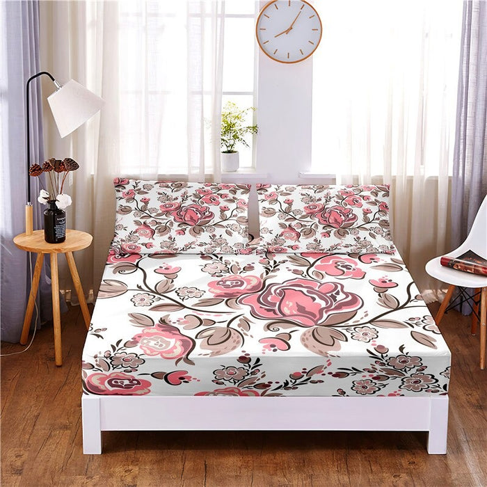 3 Pcs Beautiful Flower Digital Printed Polyester Fitted Bed Sheet Set