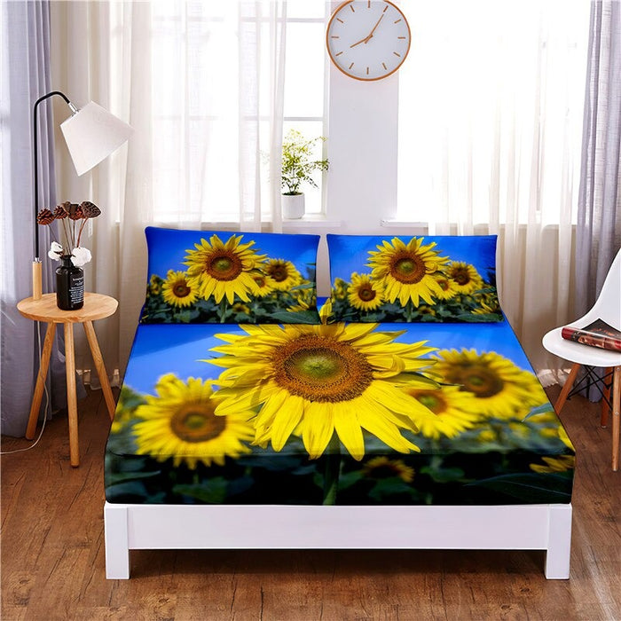 3 Pcs Sunflower Digital Printed Polyester Fitted Bed Sheet Set