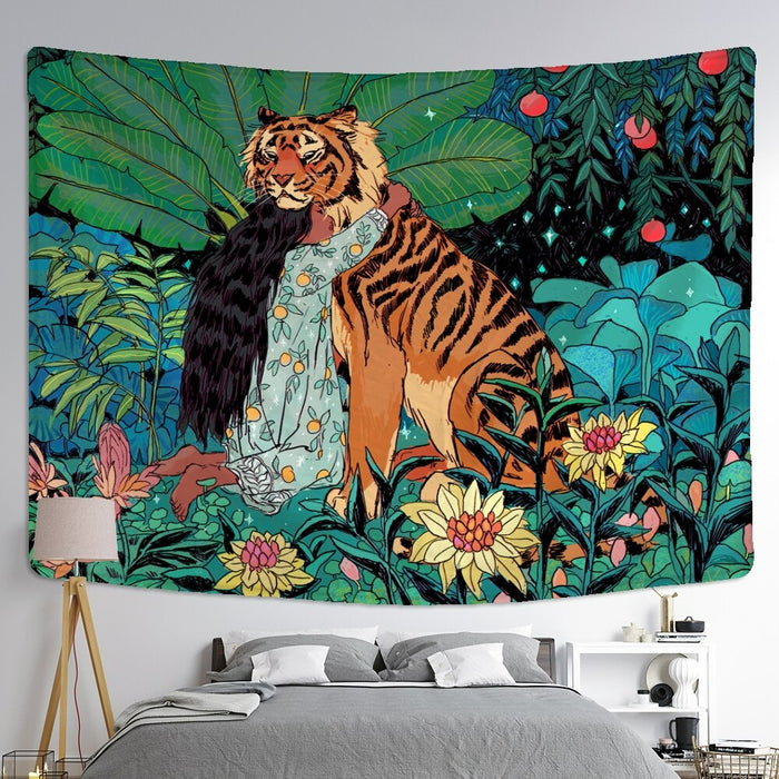 Girl and Tiger Tapestry Wall Hanging Tapis Cloth