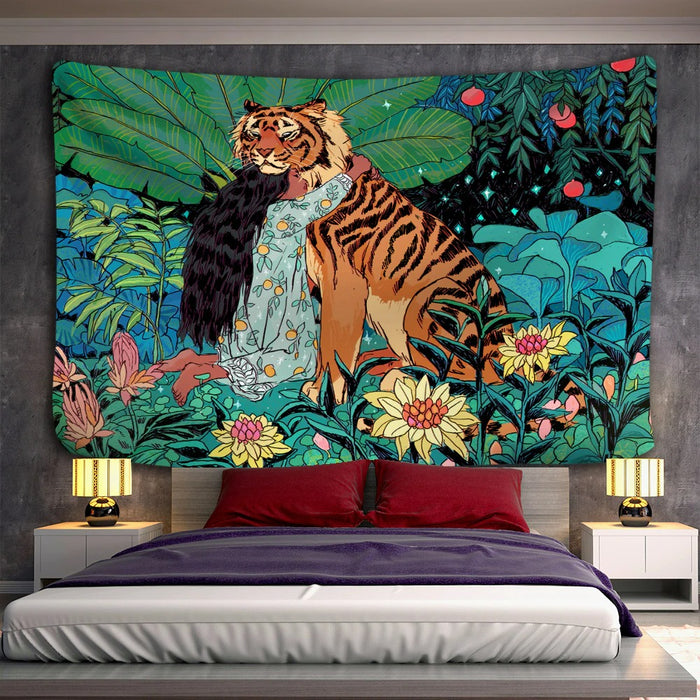 Girl and Tiger Tapestry Wall Hanging Tapis Cloth