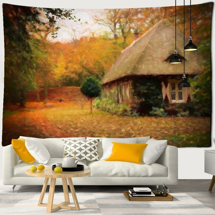 Forest Thatched Cottage Oil Painting Tapestry Wall Hanging