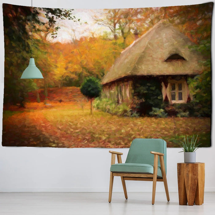 Forest Thatched Cottage Oil Painting Tapestry Wall Hanging