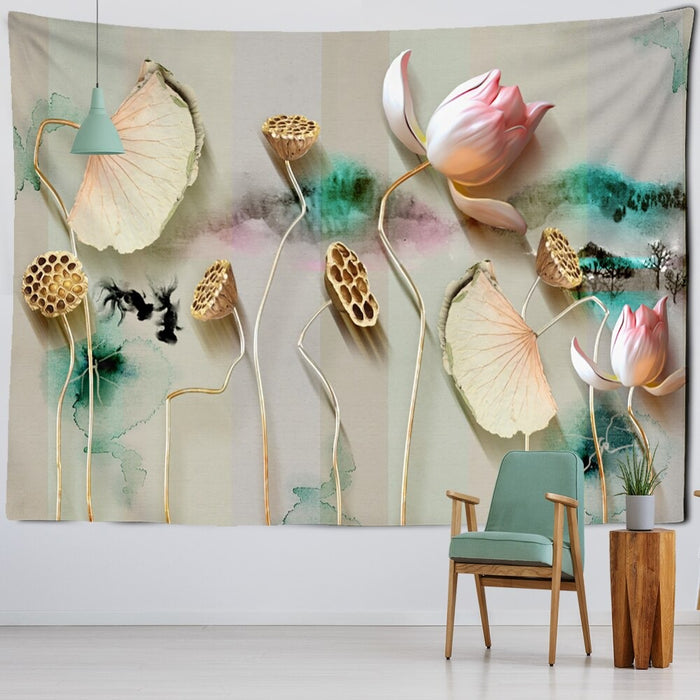 Ink Lotus Painting Tapestry Wall Hanging Tapis Cloth