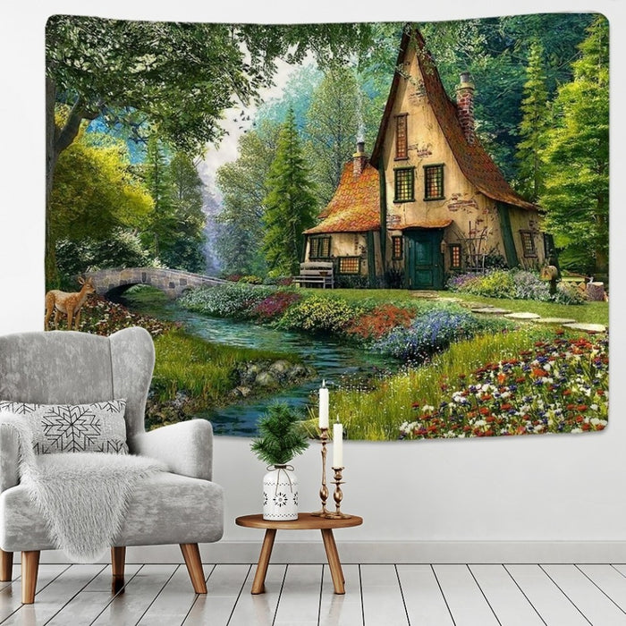 Fairy Tale Cottage Forest Tapestry Wall Hanging Tapis Cloth