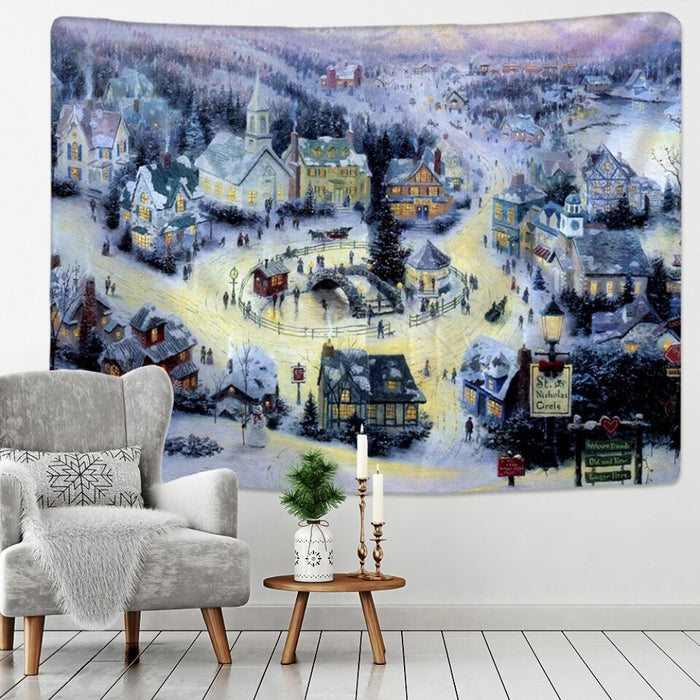 Christmas Oil Painting Art Tapestry Wall Hanging Tapis Cloth