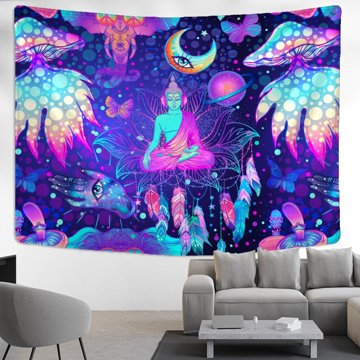Colorful Mushroom And Buddha Tapestry Wall Hanging Tapis Cloth