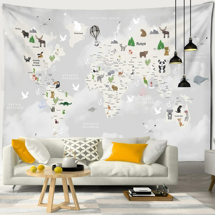 Cartoon World Map Tapestry Wall Hanging Tapis Cloth
