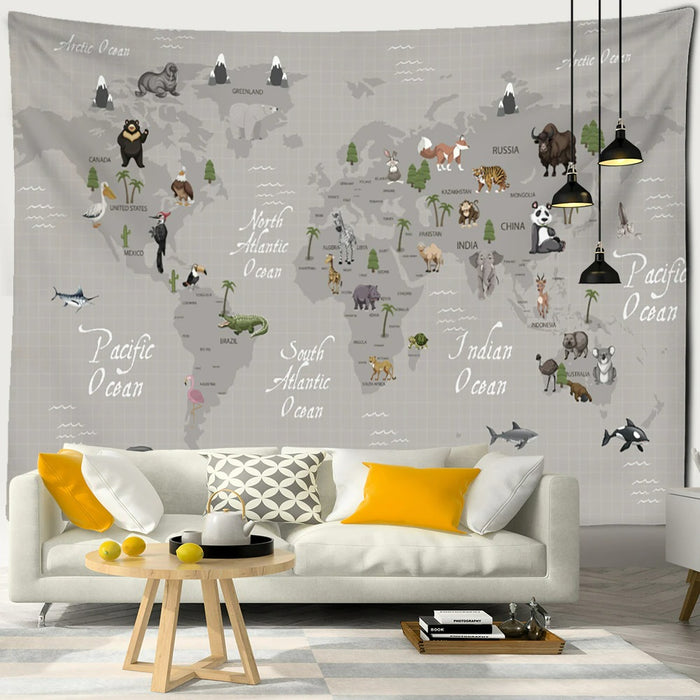 Cartoon World Map Tapestry Wall Hanging Tapis Cloth