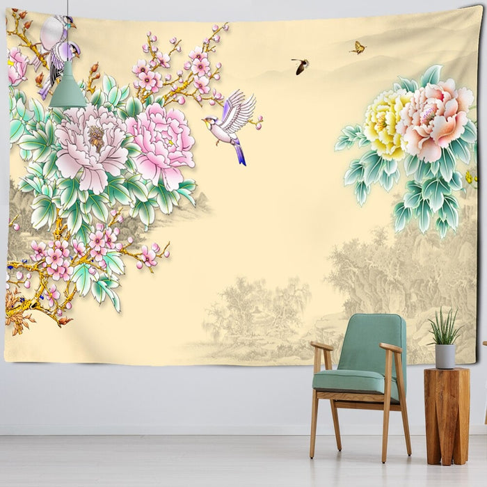 Flower And Bird Painting Tapestry Wall Hanging Tapis Cloth