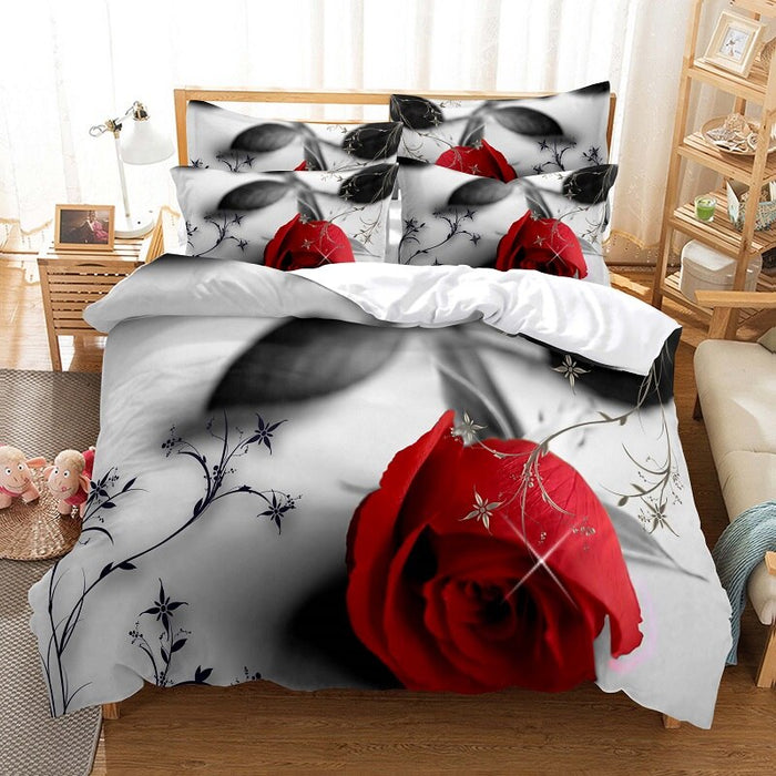 Red Rose Print Bed Flat Bedding Set