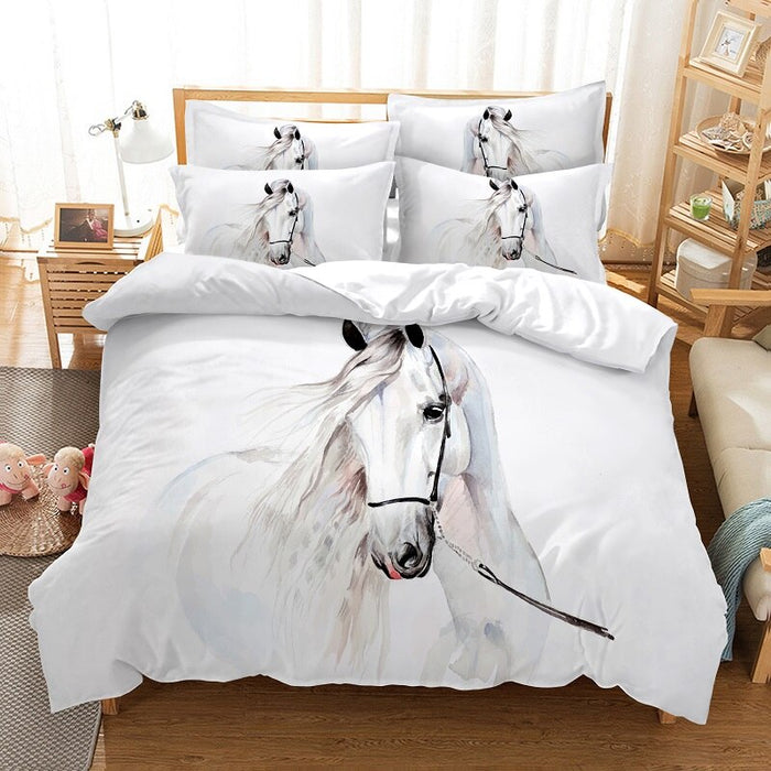 White Horse Print Bed Flat Bedding Set