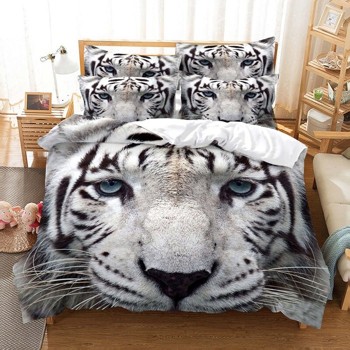 White Tiger Print Bed Flat Bedding Set