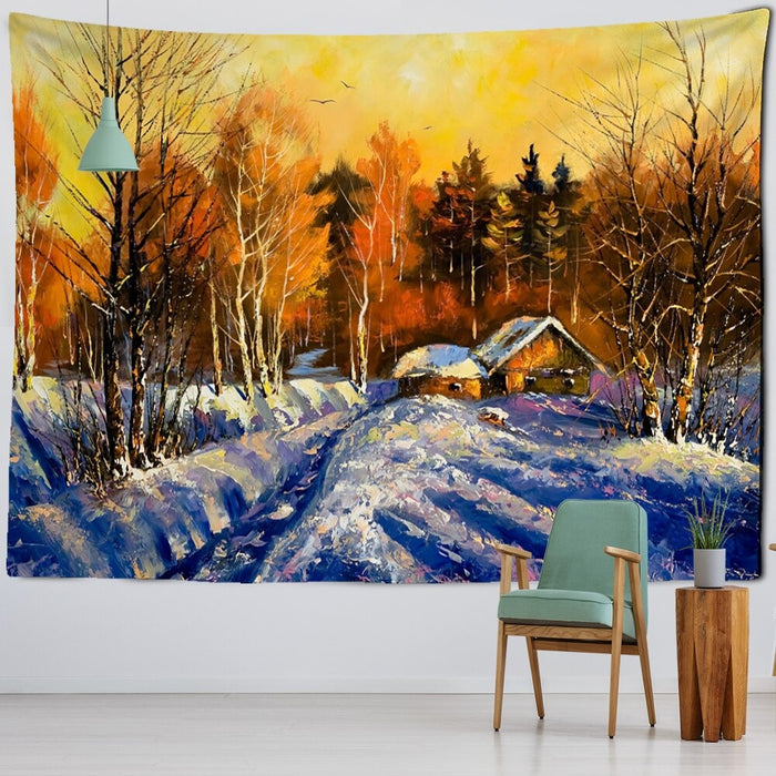 Snow Scene Oil Painting Tapestry Wall Hanging Tapis Cloth