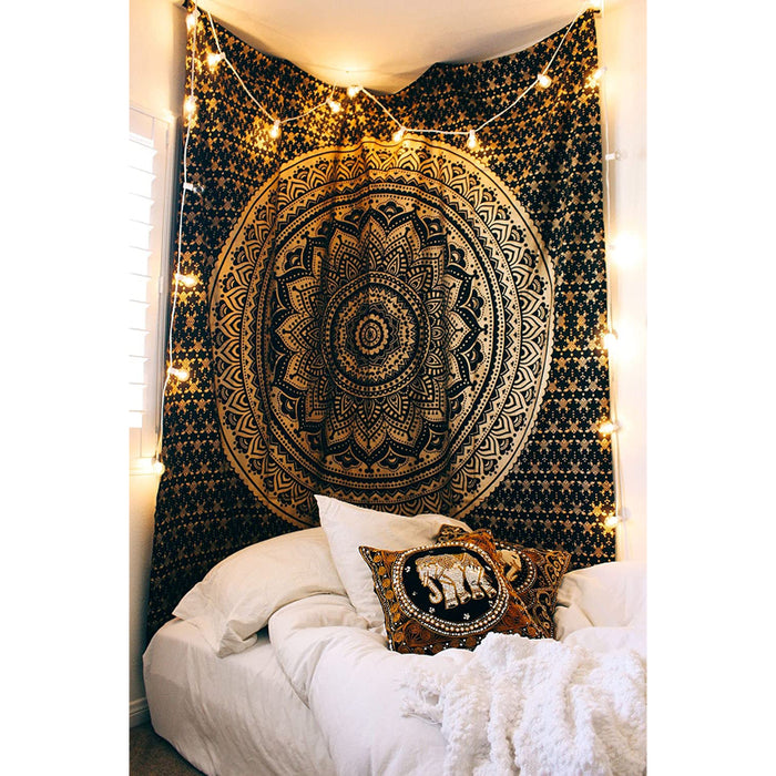 Black Gold Mandala Tapestry For Bedroom- Aesthetic Tapestry - Indie Wall Tapestry Hippie Room Decor - Boho Tapestrys -Trippy Small Tapestry Wall Hanging