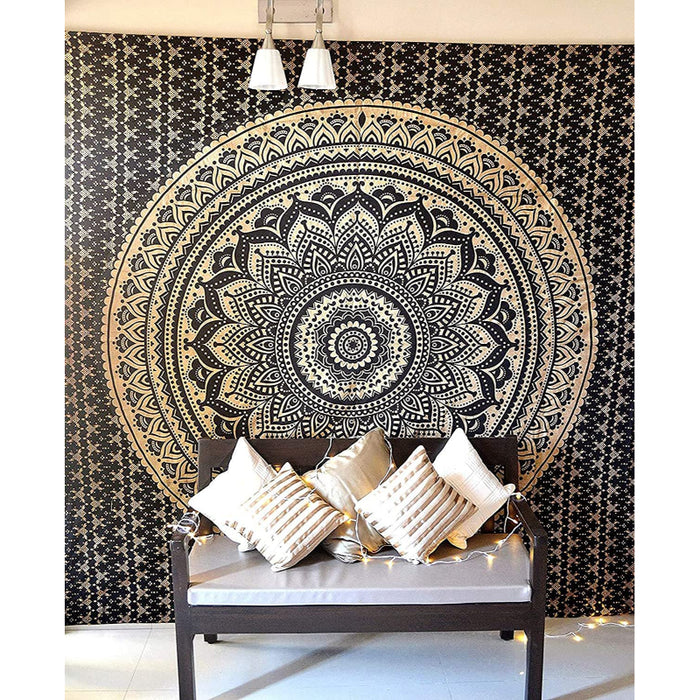 Black Gold Mandala Tapestry For Bedroom- Aesthetic Tapestry - Indie Wall Tapestry Hippie Room Decor - Boho Tapestrys -Trippy Small Tapestry Wall Hanging
