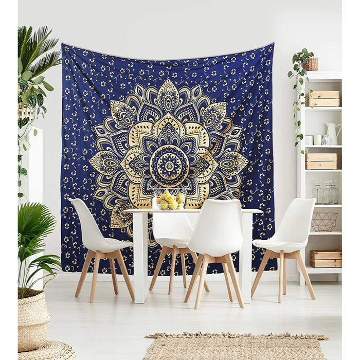 Blue Gold Mandala Tapestry Bedroom Aesthetic - Indie Wall Tapestry Hippie Room Decor - Boho Tapestry's -Trippy Small Tapestry Wall Hanging – Blue Gold Wall Art