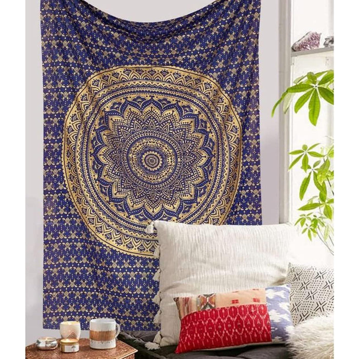 Blue Gold Mandala Tapestry For Bedroom- Aesthetic Tapestry - Indie Wall Tapestry Hippie Room Decor - Boho Tapestrys -Trippy Small Tapestry Wall Hanging