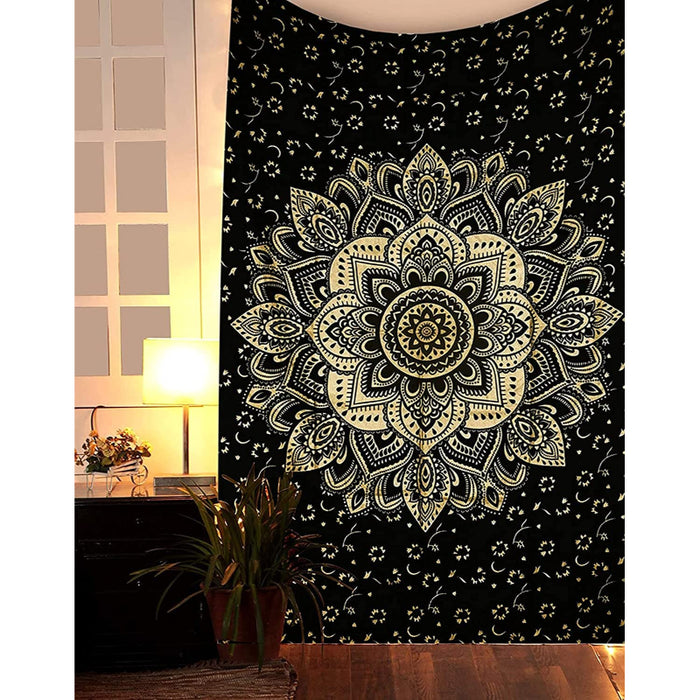 Gold Mandala Tapestry Bedroom Aesthetic - Indie Wall Tapestry Hippie Room Decor - Boho Tapestrys -Trippy Small Tapestry Wall Hanging – Black Gold Wall Art