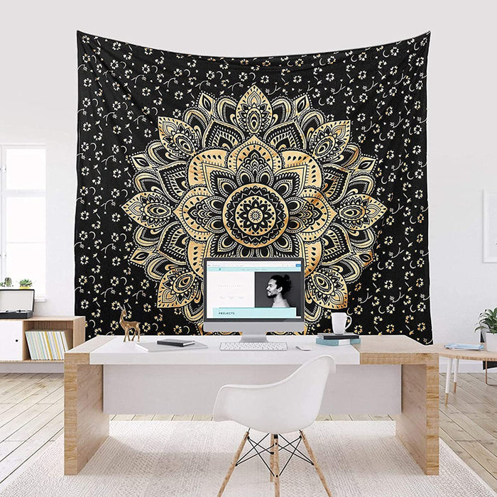 Gold Mandala Tapestry Bedroom Aesthetic - Indie Wall Tapestry Hippie Room Decor - Boho Tapestrys -Trippy Small Tapestry Wall Hanging – Black Gold Wall Art