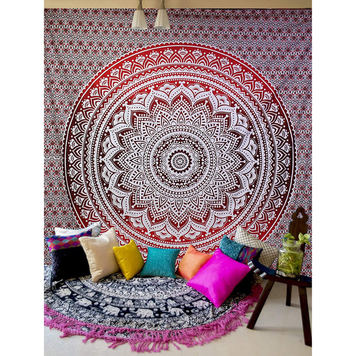 Red White Tapestry Mandala Wall Hangings, Indian Cotton Beach Throw Blanket, Hippie Tapestries Boho Decor Bohemian Bedding,Twin Bedspread