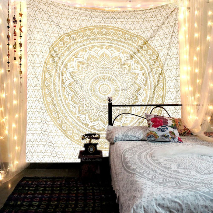 White Gold Ombre Mandala Tapestry For Bedroom- Aesthetic Tapestry