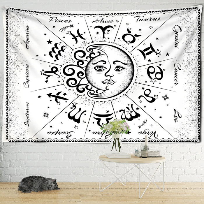 Mandala Astrology Black And White Wallpaper Tapestry Wall Hanging