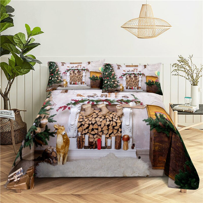 Christmas Themed Print Bed Flat Bedding Set